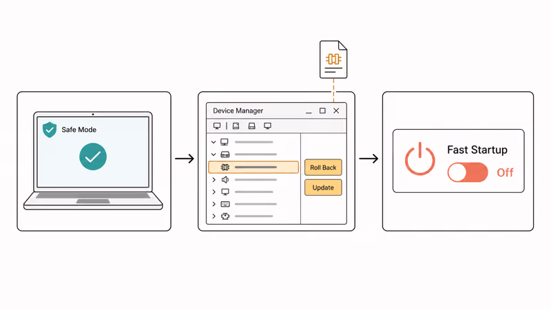 Three step Windows fix flow from Safe Mode to driver rollback and Fast Startup toggle