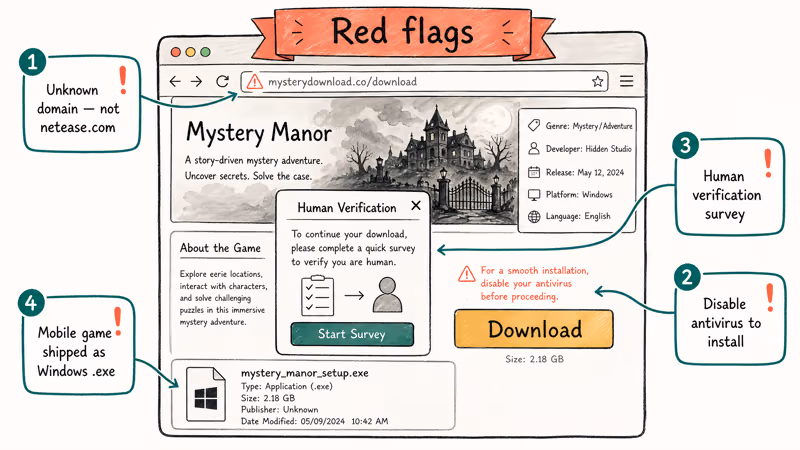 Red flag checklist for fake Knives Out PC download sites and APK mirrors