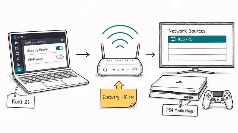 Kodi PC sharing its library over UPnP through Wi-Fi to the PS4 Media Player.