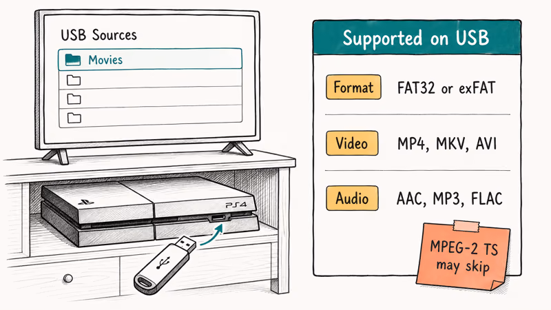 USB drive plugged into a PS4 with supported file format list shown on TV.