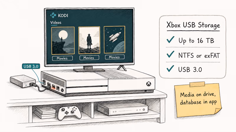 USB external drive plugged into Xbox One feeding a Kodi movie library on the TV.