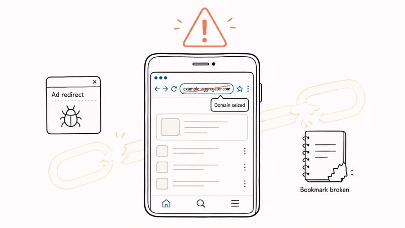 Warning triangle over seized manga domain with malware popup and broken bookmark
