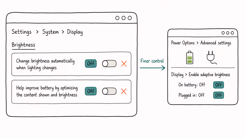 Hand drawn Windows Settings panel showing adaptive brightness toggles and power plan switches off