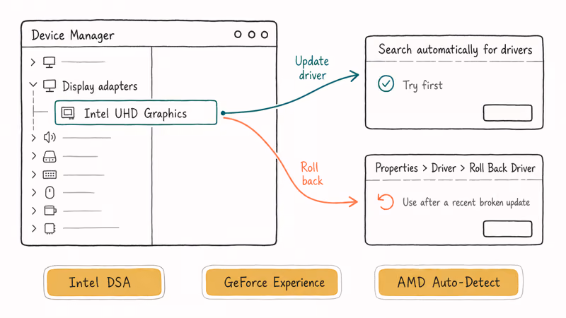 Notion style Device Manager window showing GPU driver update and rollback decision paths