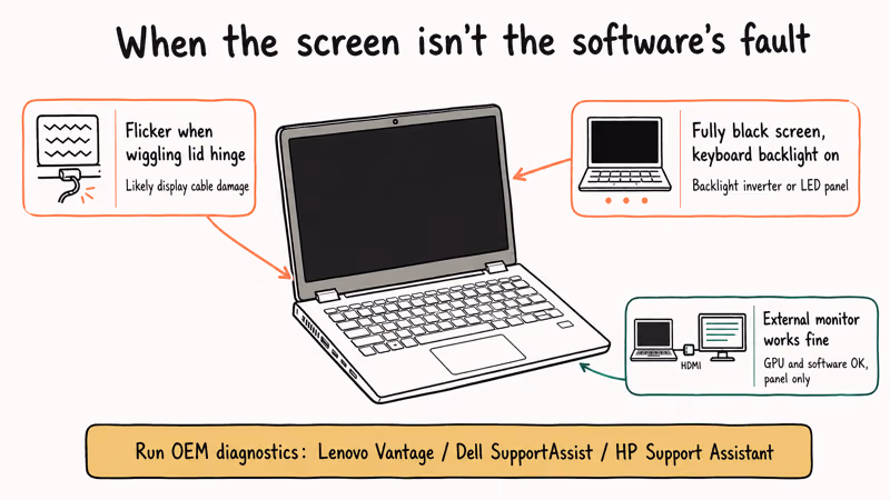 Hand drawn laptop diagram with callouts showing three physical brightness hardware failure signs