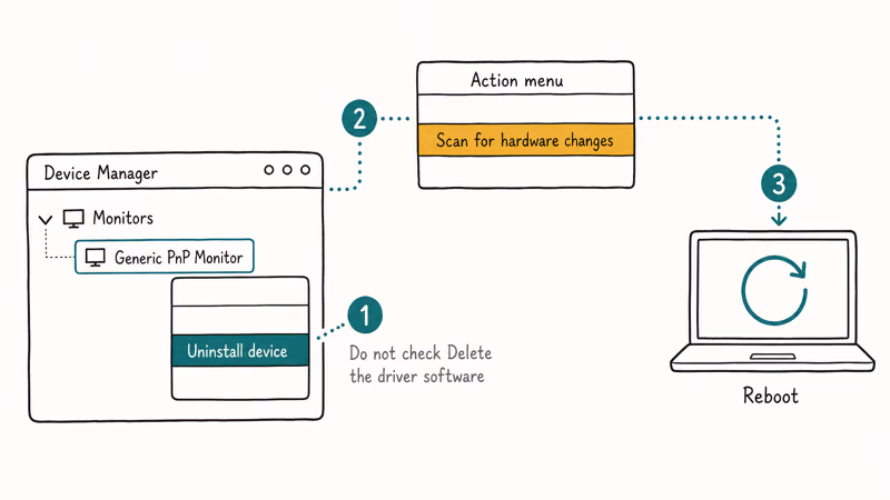 Hand drawn Device Manager view of Generic PnP Monitor uninstall and rescan steps