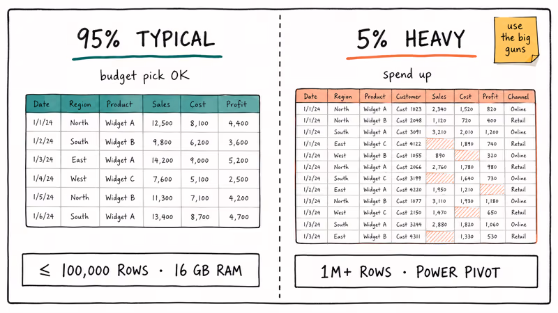 Hand-drawn split panel comparing typical 100k-row spreadsheets versus heavy million-row Power Pivot workloads.