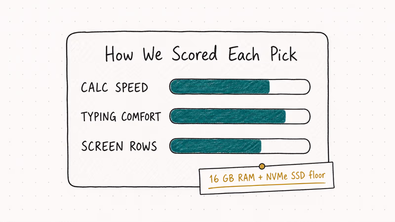 Hand-drawn scorecard showing calc speed, typing comfort, and screen rows gauges for laptop picks.
