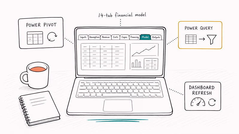 Hand-drawn desk scene with a laptop running Power Pivot, Power Query, and dashboard refresh callouts.