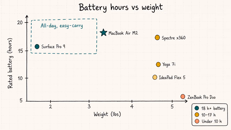 Scatter chart plotting laptop weight against battery hours with all-day zone marked
