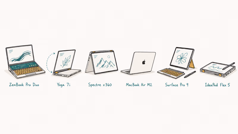 Hand-drawn row of six recommended note-taking laptops with stylus, 360-hinge, and dual-screen variants