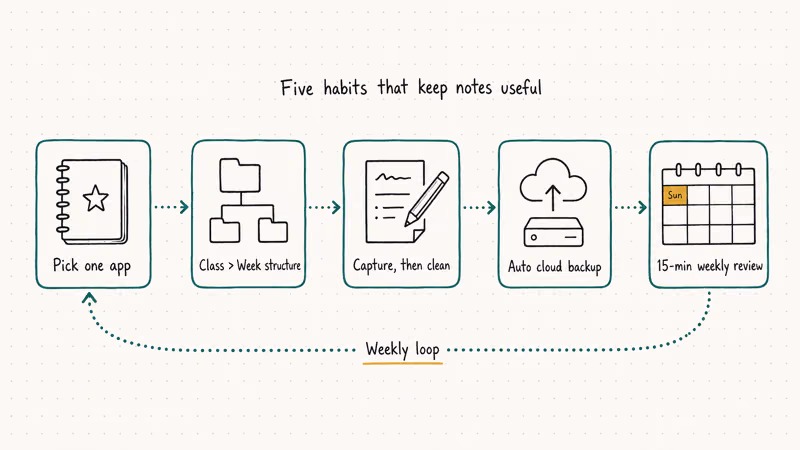 Five-step note-taking habit flow from app choice to weekly Sunday review with loop arrow