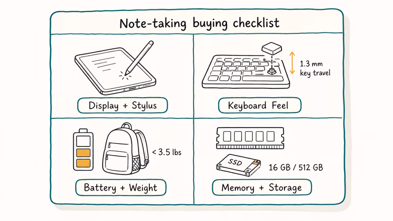 Four-quadrant note-taking laptop checklist covering display stylus keyboard battery weight memory and storage