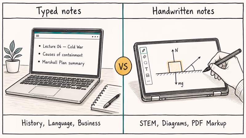 Split illustration comparing clamshell typed notes against 2-in-1 stylus handwritten STEM diagram notes