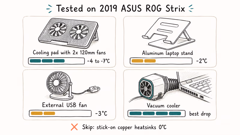 Four cooling accessories ranked by temperature drop: pad, stand, fan, vacuum cooler
