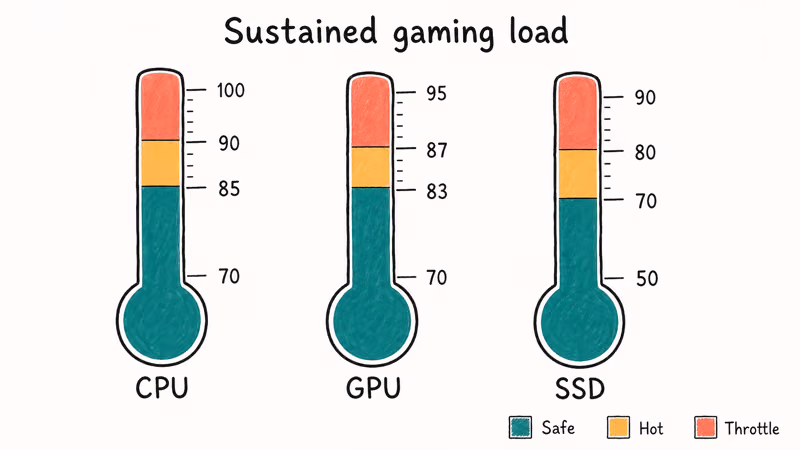 Three thermometers comparing safe and throttling ranges for CPU GPU and SSD