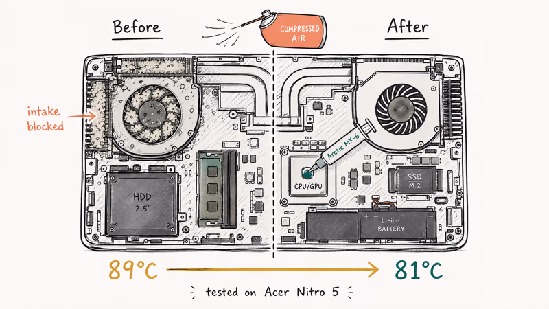 Laptop cutaway comparing dusty fan with cleaned fan and new thermal paste