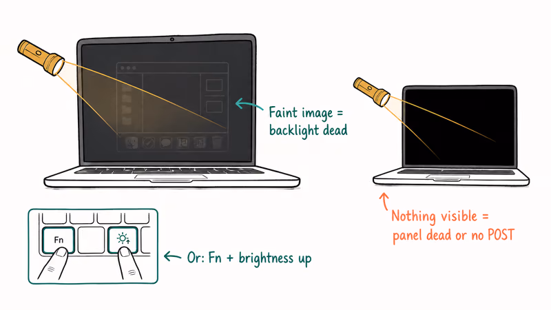 Hand-drawn laptop profile showing flashlight test for faint backlight image