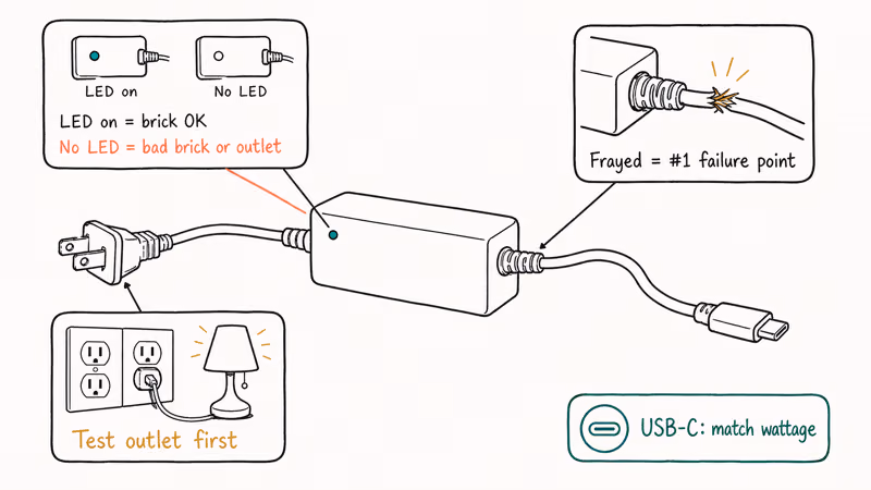 Hand-drawn laptop charger diagnostic diagram showing brick LED, frayed cable, and outlet test points
