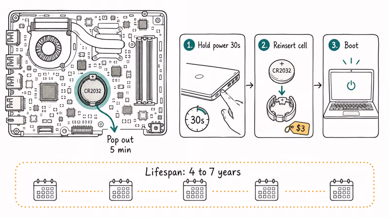 Laptop motherboard diagram showing CR2032 CMOS coin cell location with a three-step reset sequence