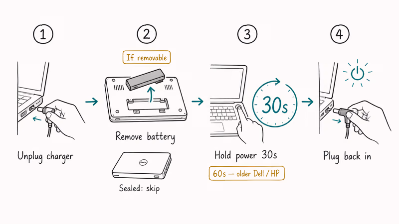 Four hand-drawn steps showing the 30-second laptop power drain reset procedure for stuck firmware