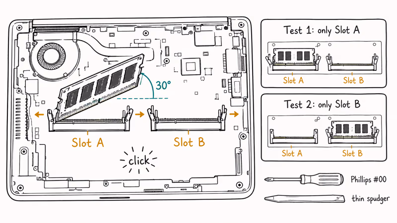 Cutaway laptop diagram showing RAM reseat angle and slot isolation test