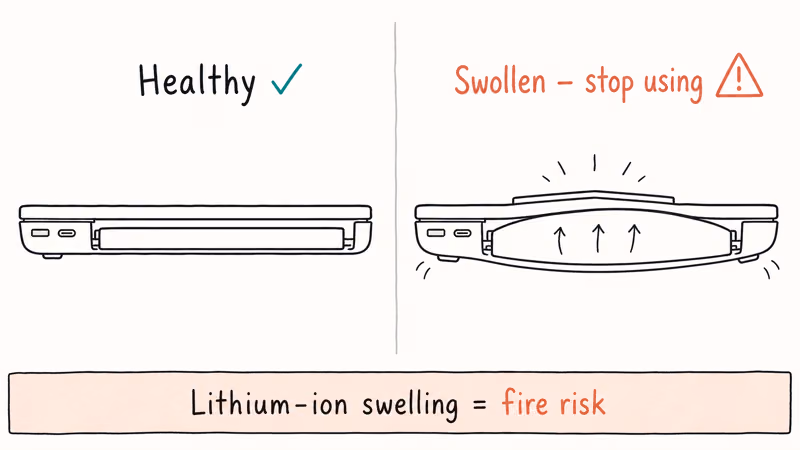 Side-by-side comparison of a flat healthy laptop battery and a swollen battery bulging the chassis