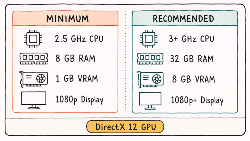 Comparison chart of AutoCAD 2024 minimum versus recommended specs for CPU RAM GPU and display