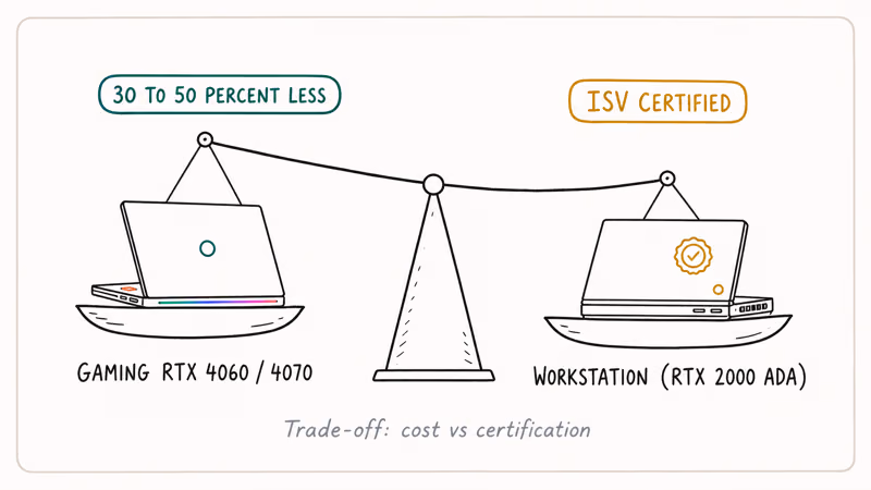 Hand-drawn balance scale weighing gaming laptop price savings against ISV-certified workstation reliability