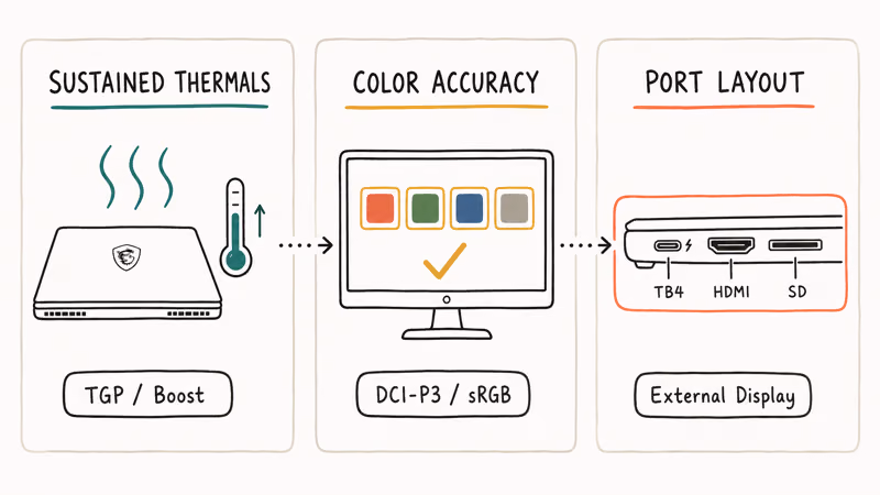 Three hand-drawn vignettes showing thermals color accuracy and ports as performance factors
