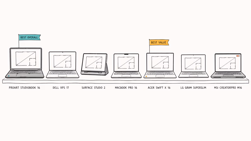 Hand-drawn lineup of seven recommended AutoCAD laptops with names labeled below each chassis