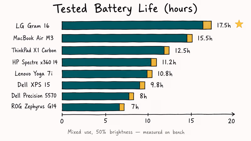 Hand-drawn horizontal bar chart comparing tested battery life hours across eight laptops under two thousand.