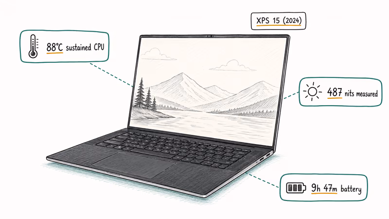 Notion-style sketch of Dell XPS 15 laptop with thermal, brightness, and battery measurement callouts displayed.