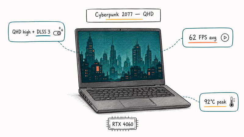 Hand-drawn ROG Zephyrus G14 running Cyberpunk benchmark with FPS, DLSS, and thermal readings.
