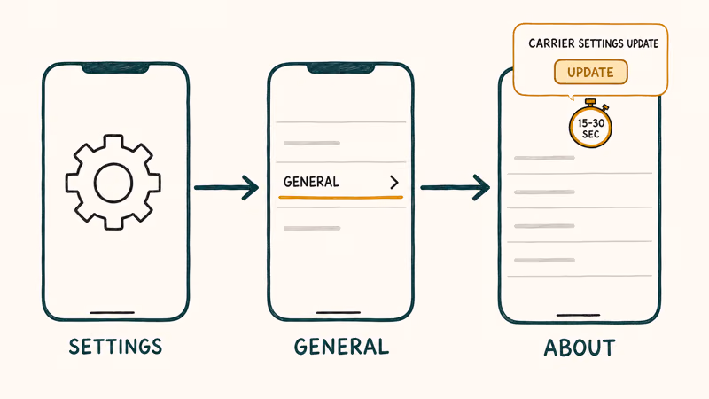 Three-step flowchart showing Settings General About path that surfaces the iPhone carrier settings update prompt.