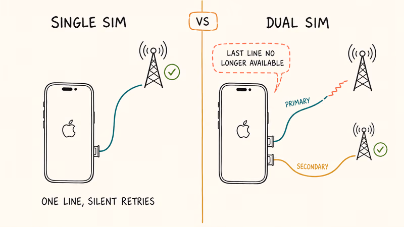 Comparison illustration of single SIM versus dual SIM iPhone carrier registrations and handoff failure surface.