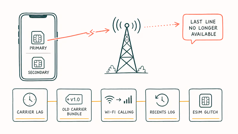 Hand-drawn diagram showing five common causes of the iPhone Last Line No Longer Available error.