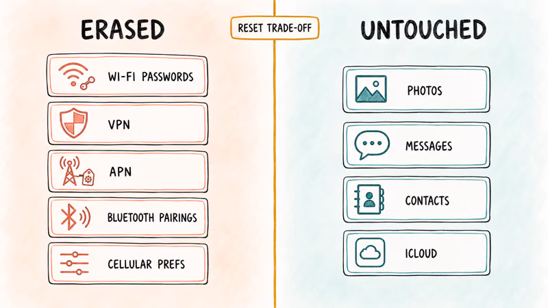 Side-by-side comparison of what an iPhone network settings reset erases versus what data stays untouched.