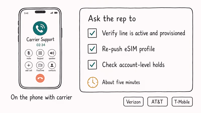 Hand-drawn checklist of three asks when calling carrier to fix stuck iPhone line