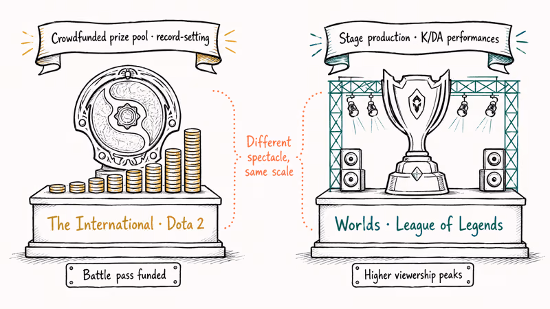 Hand-drawn trophy comparison of The International prize pool against League of Legends Worlds stage production.
