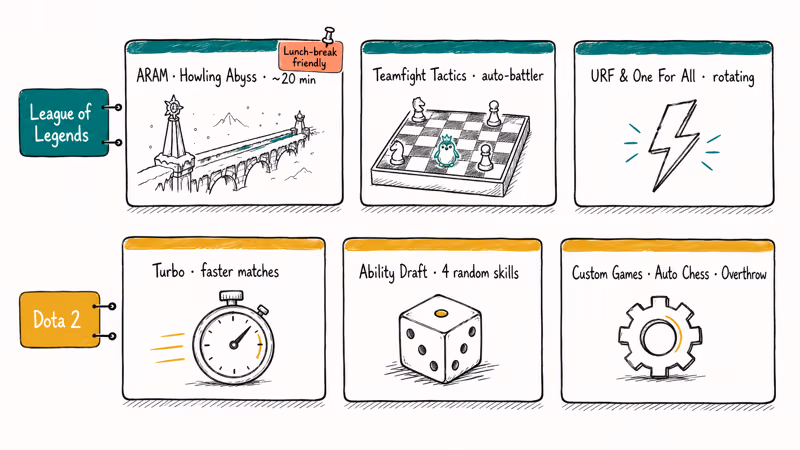 Hand-drawn grid comparing League and Dota 2 secondary game modes.