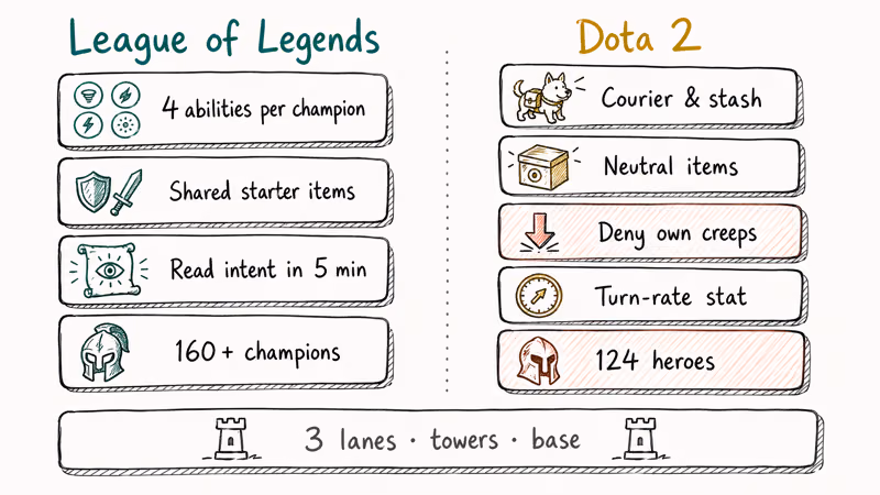 Hand-drawn comparison of League of Legends and Dota 2 core game systems side by side.