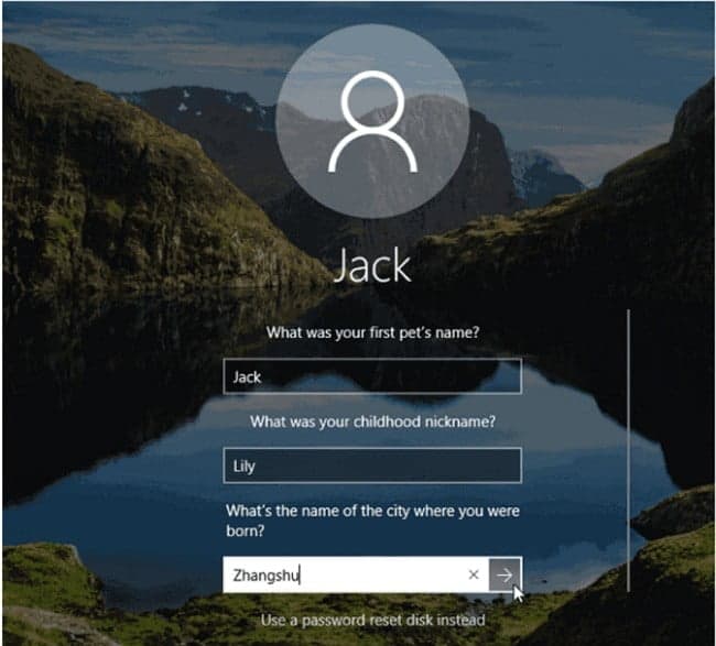 Windows 10 password reset tool -  Security Question