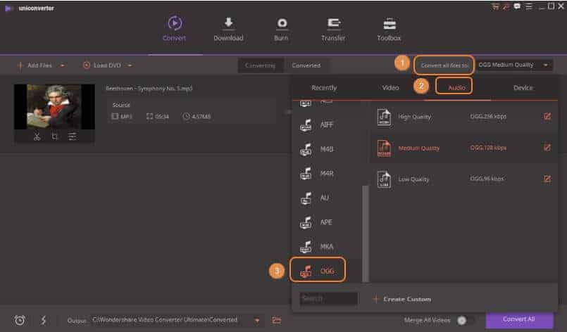 convert mp3 to ogg using UniConverter