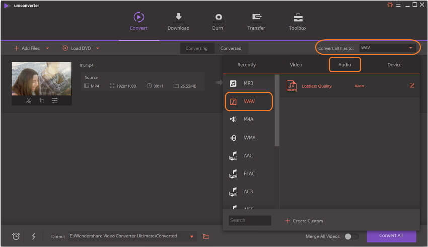 Select output format wav