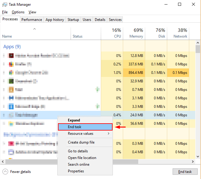 End Task to fix windows 10 very slow and unresponsive