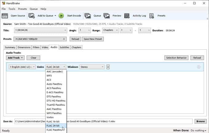 Convert Youtube to FLAC with Handbrake