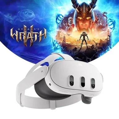 Meta Quest 3 VR headset on shelf next to controllers