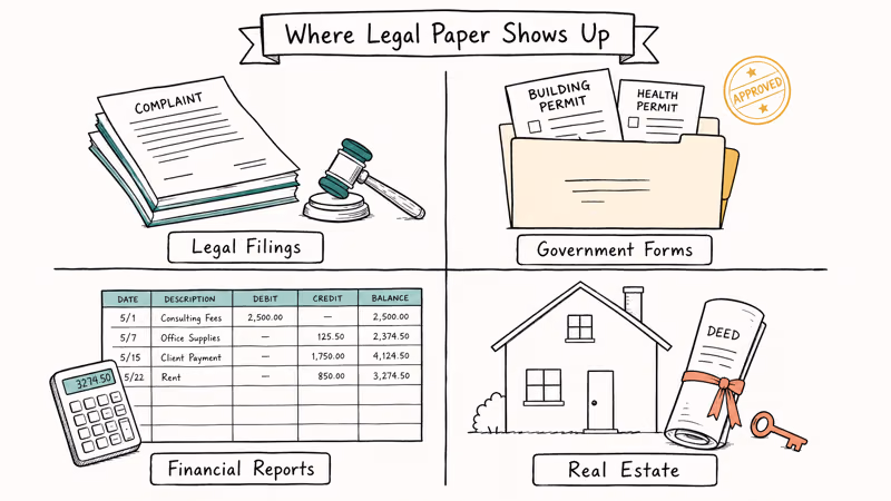Hand-drawn scene showing legal paper uses across courts, forms, finance, and real estate.