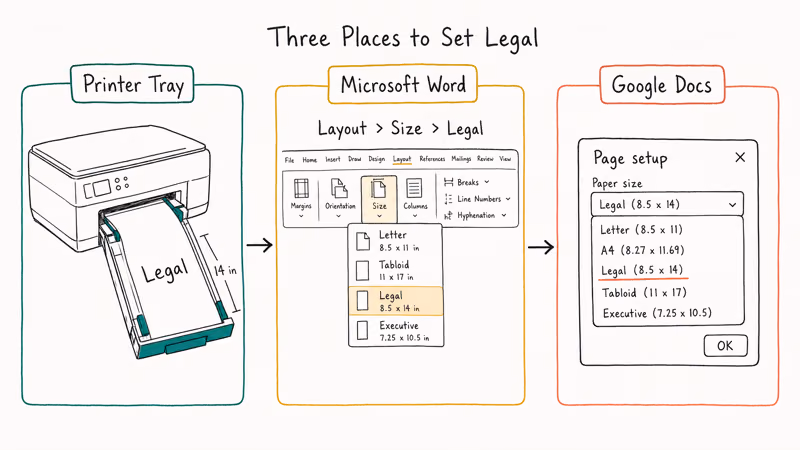 Hand-drawn three-step flow showing printer tray Microsoft Word and Google Docs Legal page size setup.